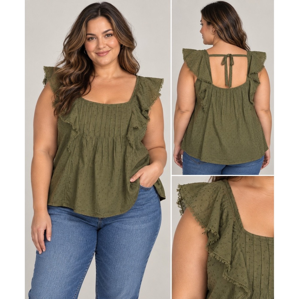 True Craft Originals 2X Olive Green Cotton Boho Blouse Raw Edge Tie Back Top